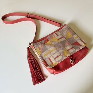 Orange Leather Messenger Bag Crossbody with Vintage Geometric Fabric & Tassel
